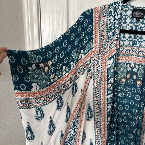 Angie Oversized Kimono Cover-Up One Size Colorful Bohemian Layering Blue White - Picture 5 of 8